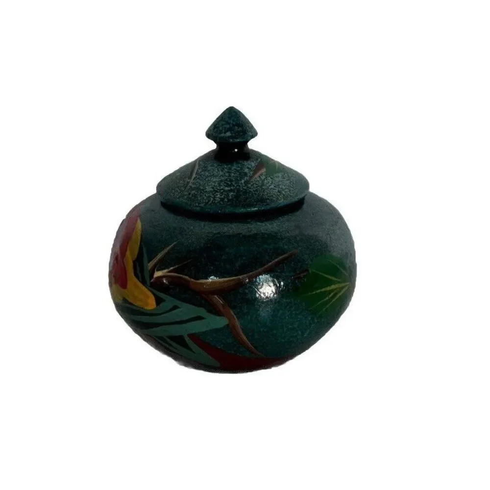 Hand Painted Wood Lacquer Bowl Jar with Lid Parrot Trinket Tropical Wooden Pot